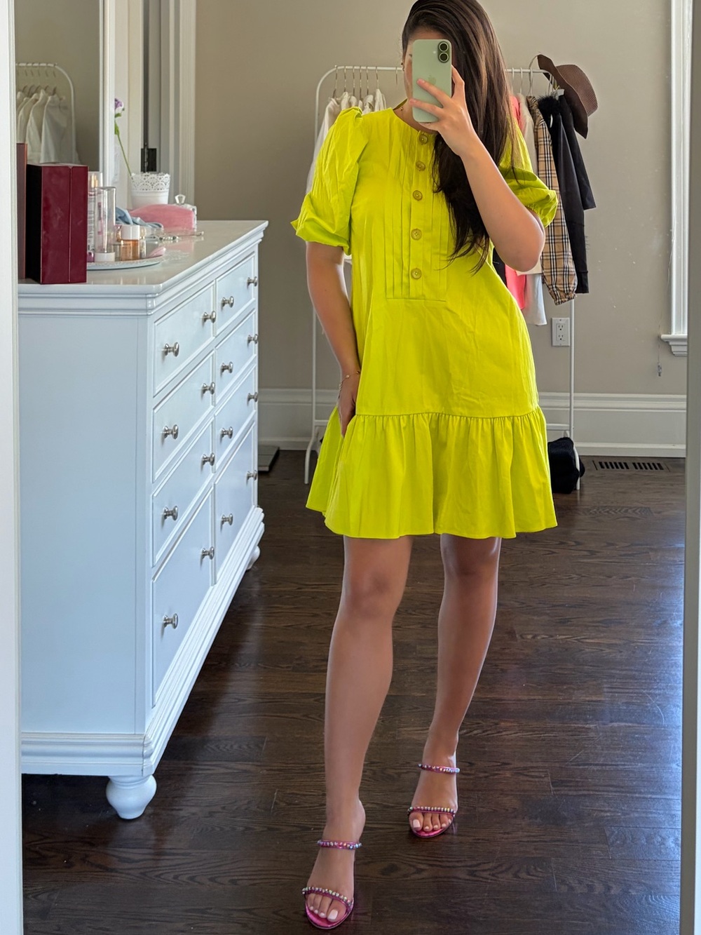 Ted Baker London Neon Yellow Short Sleeve Ruffle-Hem Mini Dress
